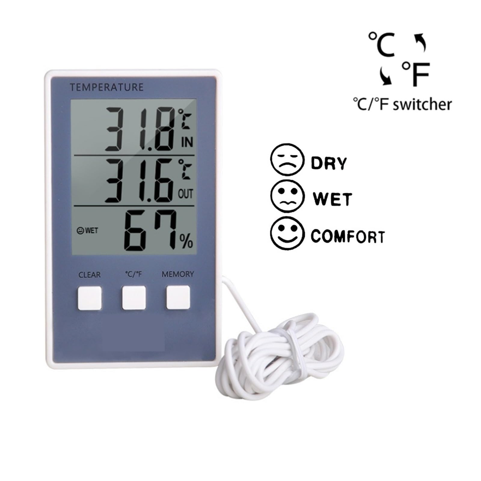 Termoigrometro Termometro Digitale Igrometro Misuratore di umidità della Temperatura Interna ed Esterna C/F Display LCD Sensore sonda Stazione meteorologica
