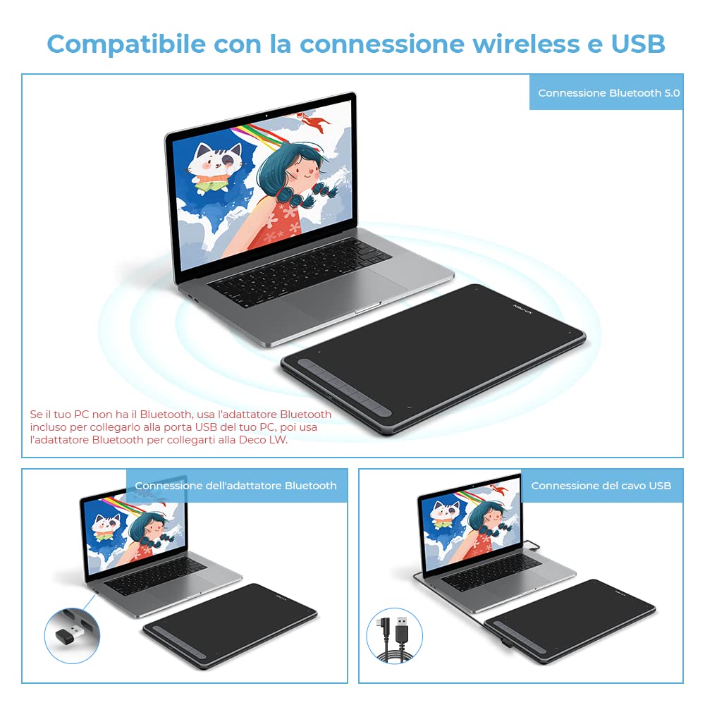 XP-PEN Deco LW Tavoletta grafica Bluetooth, 10"x6" Wireless con X3 Smart Chip, 60° Tilt con penna senza batteria (Nero)