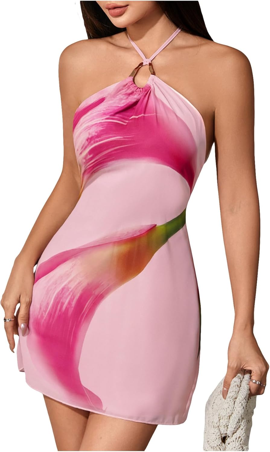 MakeMeChic Women's Floral Halter Backless Cocktail Dress Ring Sleeveless Fall Mini Dresses