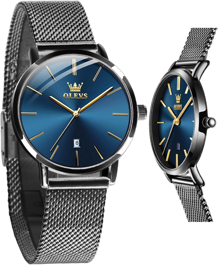 OLEVS Black Watches for Women Small Wrists Blue Face Stainless Steel Waterproof Womens Watch Date Women's Wrist Watches Petite Ultra Thin Minimalist Women’s Watch Reloj para Mujer