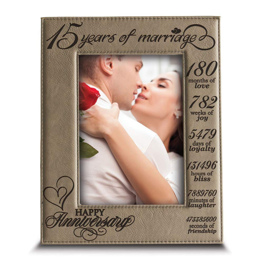 BELLA BUSTA15 Years of Marriage- 2004->2019-Months, Weeks, Days, Hours, Weeks, Minutes, Seconds-15th Anniversary- Engraved Leather Picture Frame 5"x 7" Vertical Beige