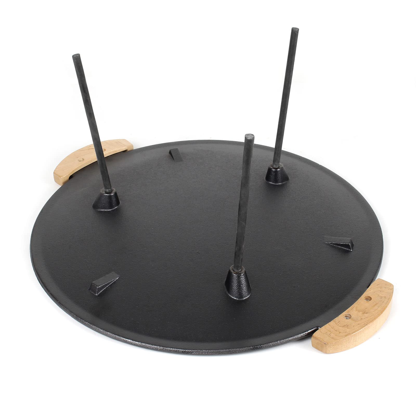 Wiltec Piastra per barbecue fuoco in ghisa, liscia, rotonda Ø44cm altezza 44 cm manici in legno piedi 20 e 32cm