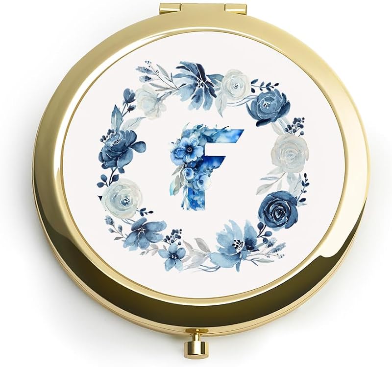 Espelho compacto redondo QUSTGO com monograma floral personalizado, 1x e 2x, dourado, com caixa para presente