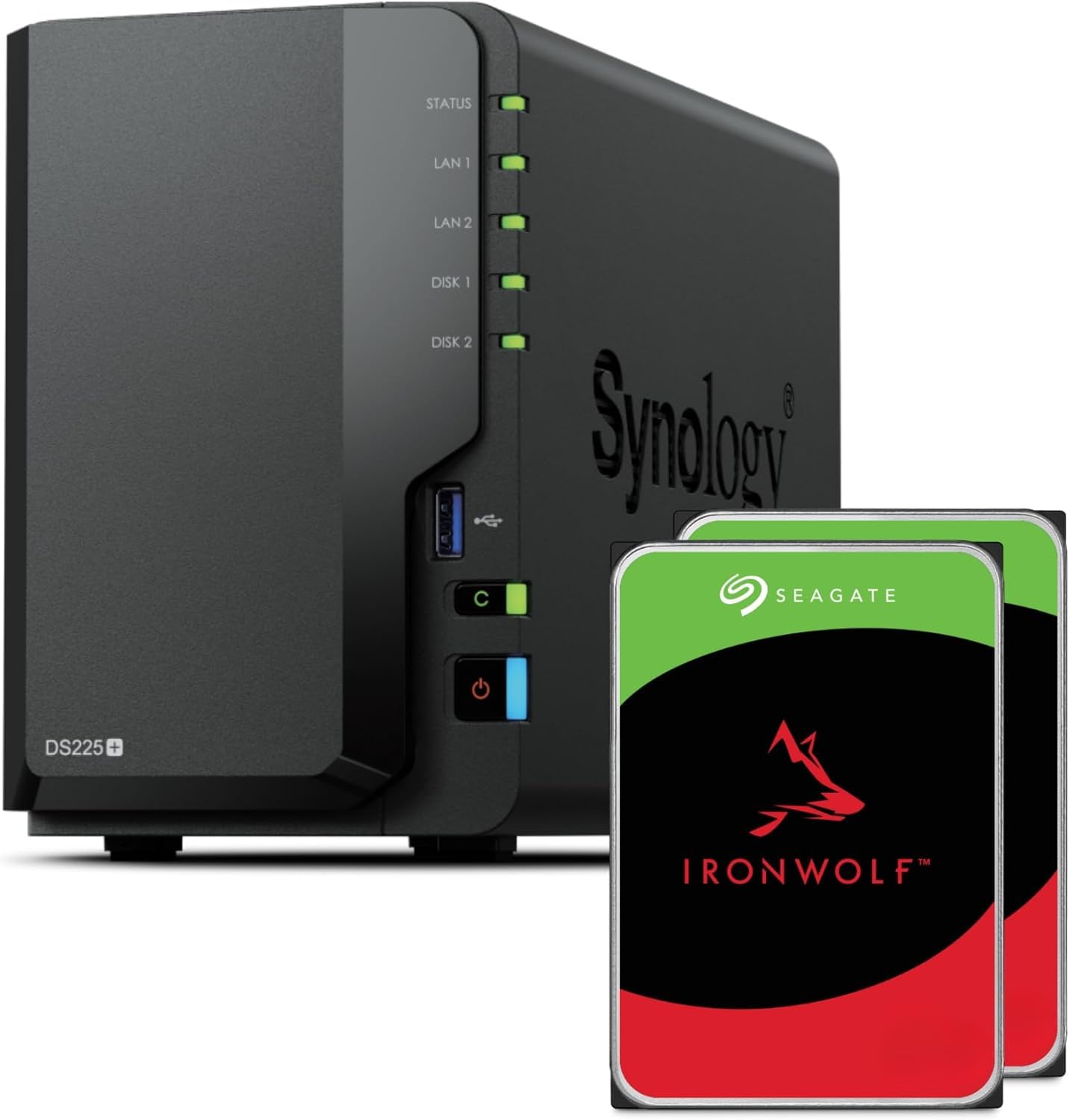 Synology DS225+ 16TB (Seagate Ironwolf 2x8TB) 2-Bay Plus Series - Intel Celeron J4125 Quad-Core, 2GB Non-ECC DDR4 SODIMM 1x2.5GbE e 1x1GbE RJ-45 LAN Port