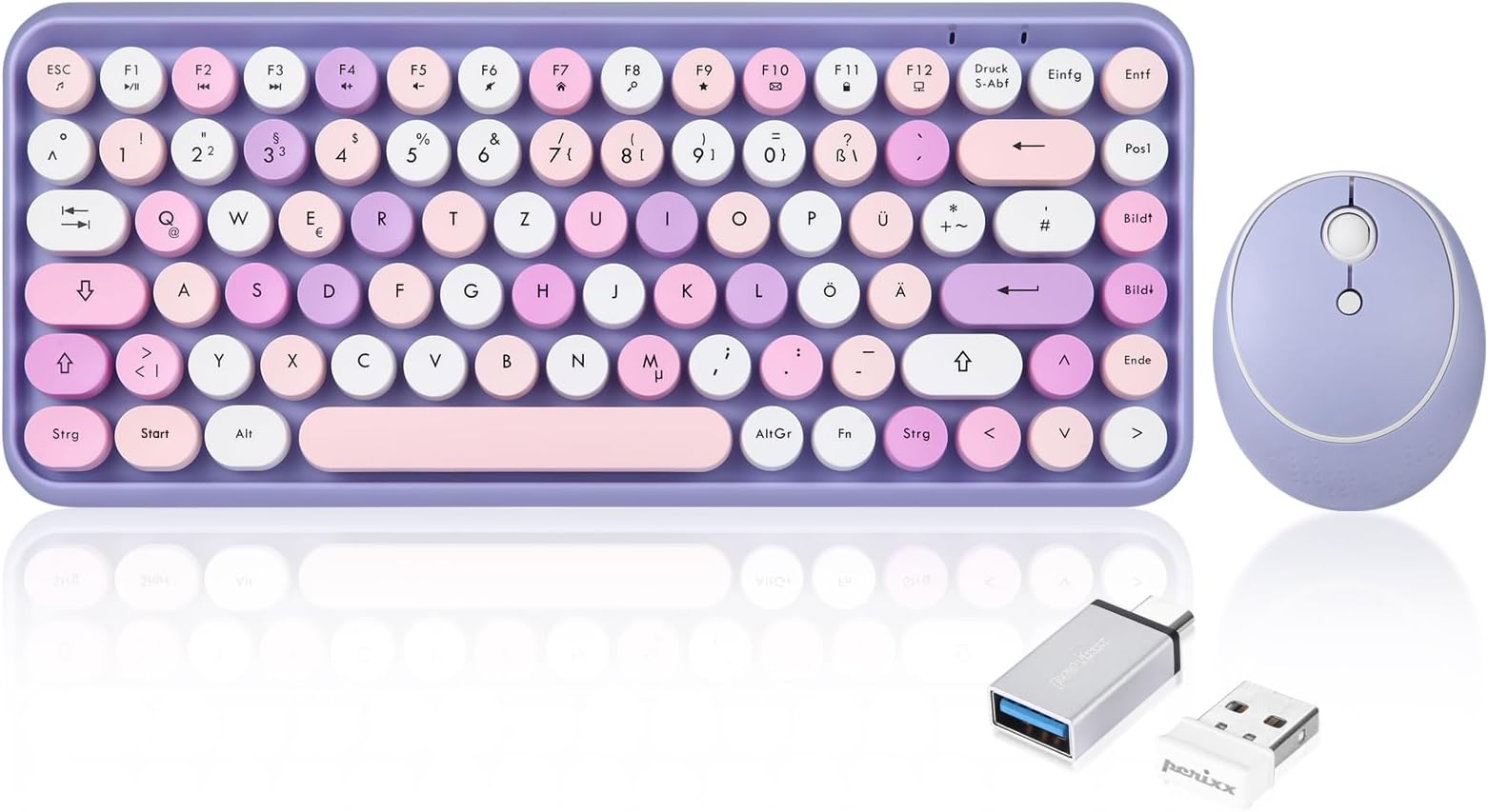 Perixx PERIDUO-713PP Wireless Mini Keyboard and Mouse Combination - Retro Round Keycaps - Pastel Purple Lilac - German QWERTZ Layout