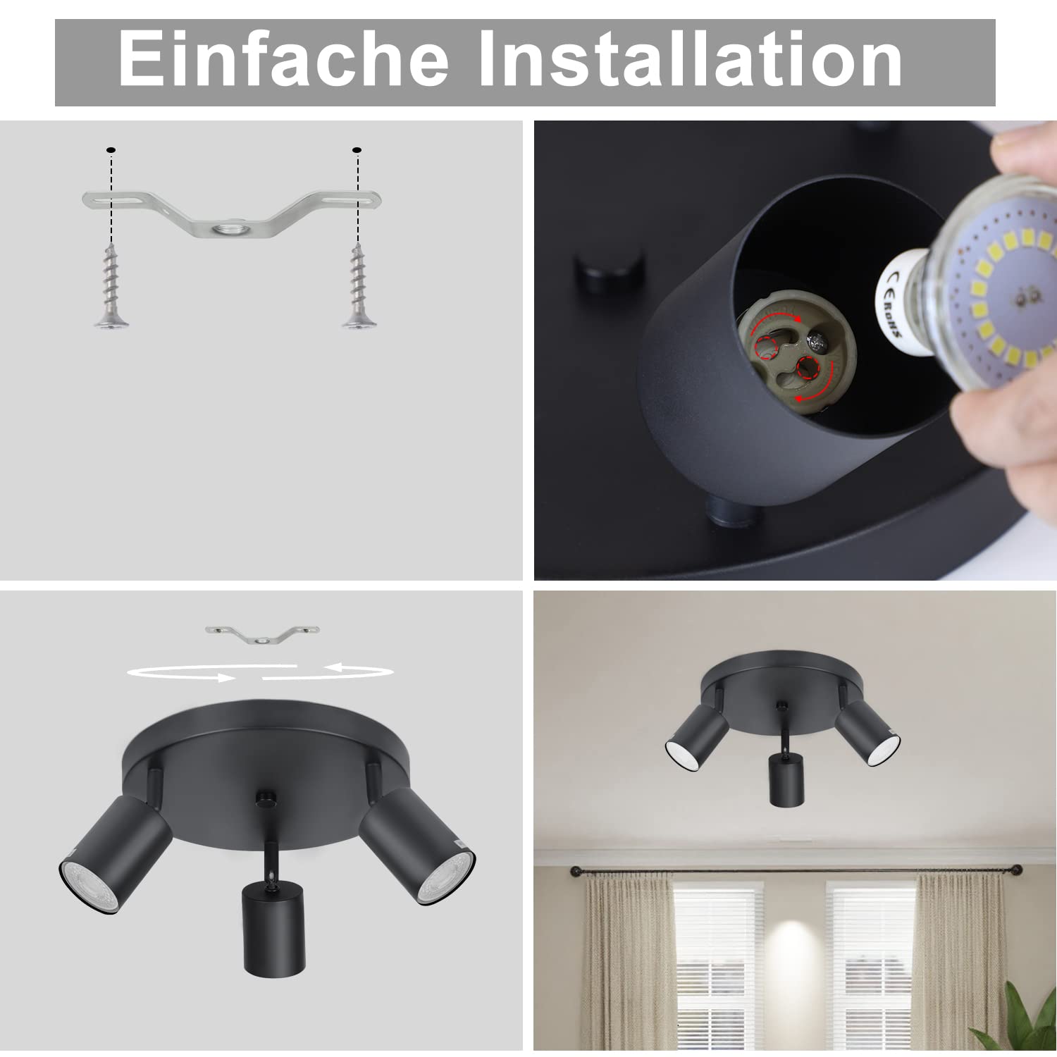 ZMH lampa sufitowa czarny spot sufitowy okrągły - lampa sufitowa GU10 z 3 płomieniami nowoczesne spoty sufitowe metalowa lampa kuchenna Swivel Design reflektor do salonu sypialnia kuchnia przedpokój