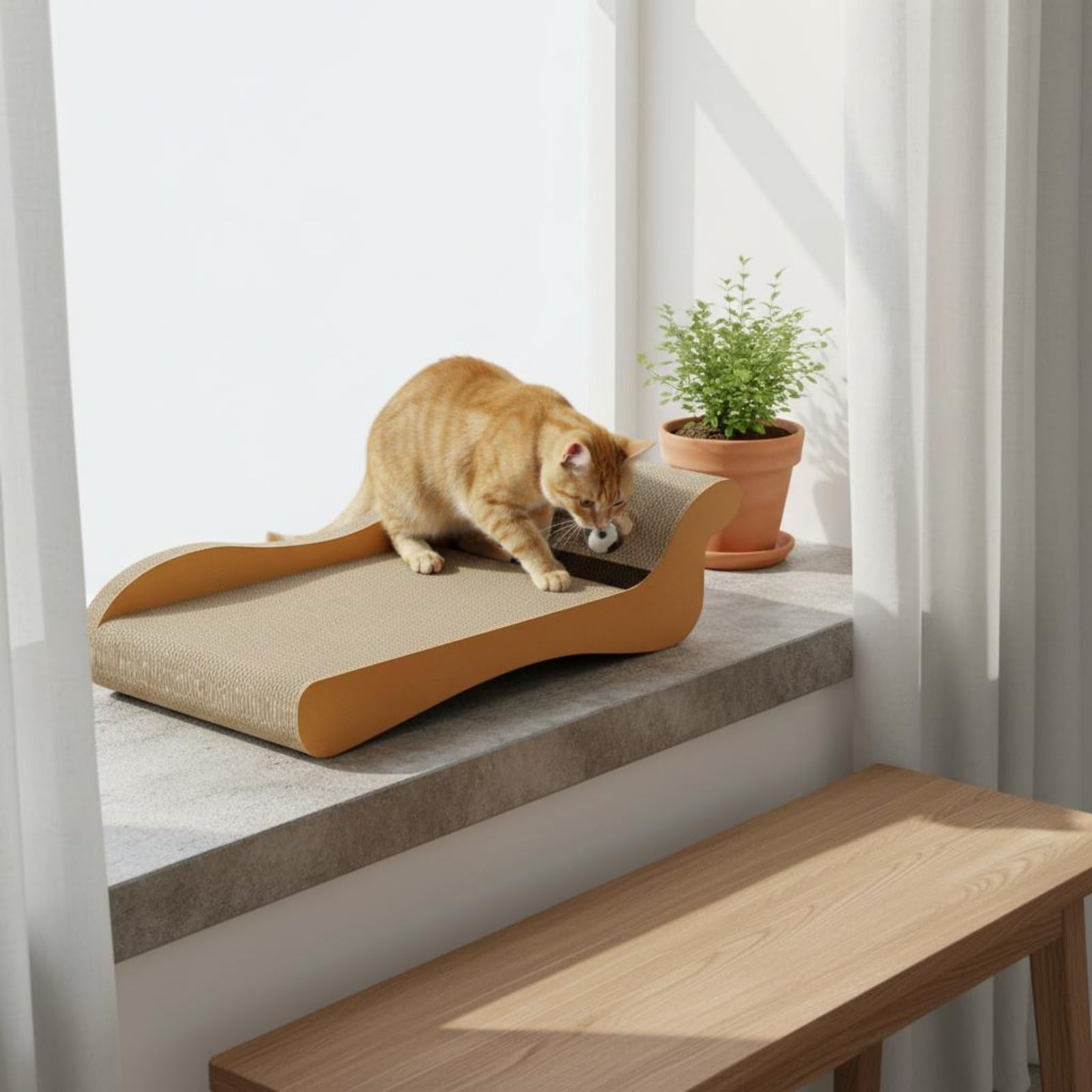 Griffoir pour Chat Lounge Canapé Lit Sofa Planche à Griffer en Carton Ondulé Épais Courbure Ergonomique avec Piste et Balle Adapté aux Chats Jusqu’à, 60 X 28 X 18 Cm