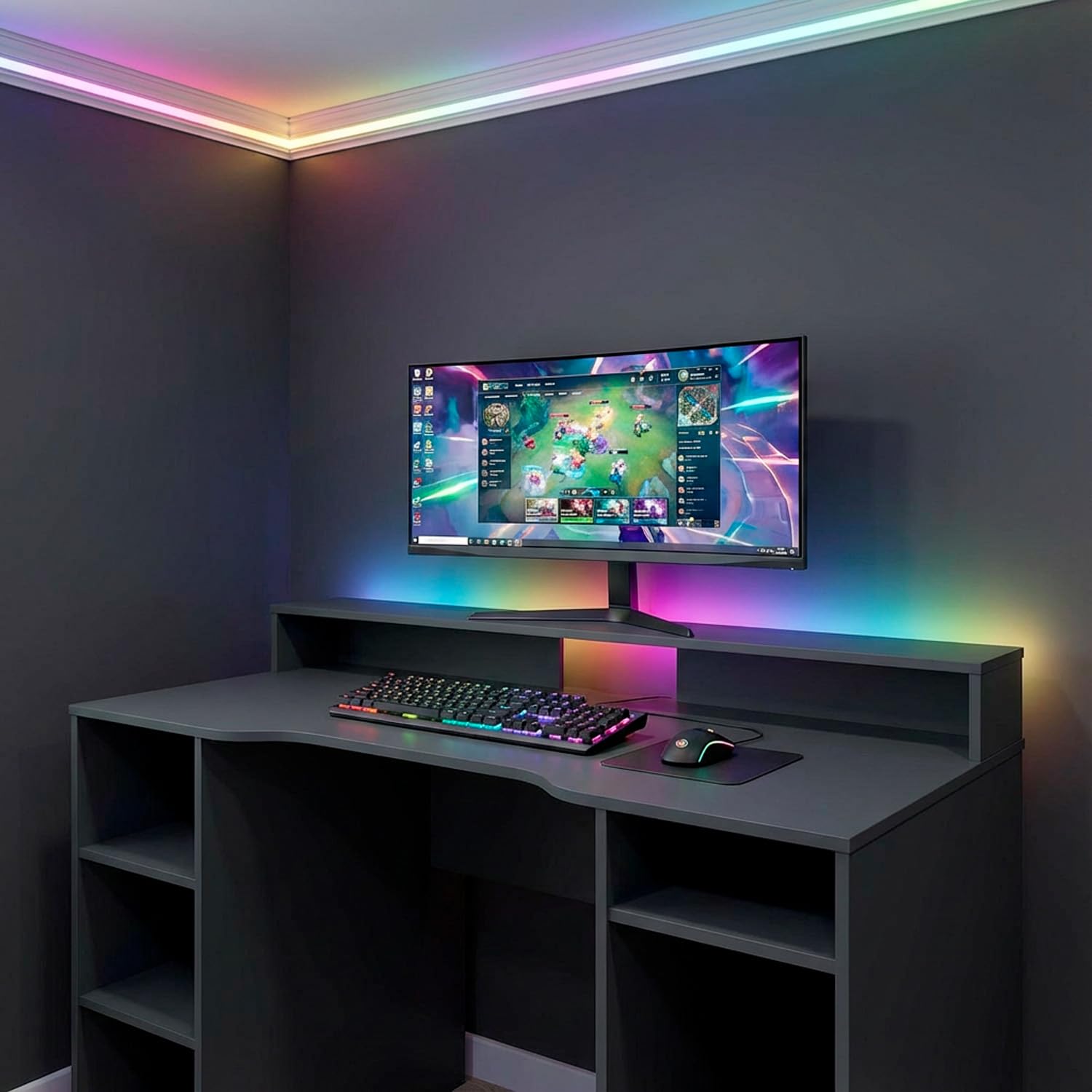 Arreditaly Scrivania Gaming Con Ripiani Porta PC E Supporto Monitor Con Passacavi Tavolo Gamer Reversibile Ampio Piano Ergonomico Per Setup Gaming Studio Ufficio 136 x 67 x 88 Cm Grigio Antracite