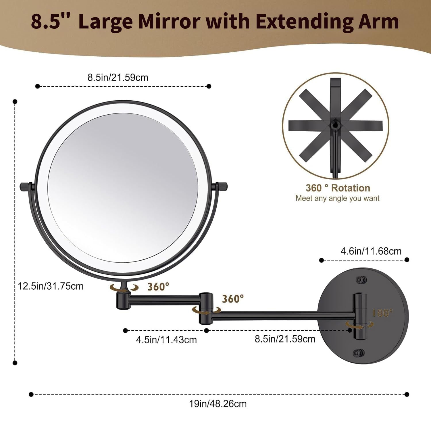 Specchio da trucco illuminato da parete da 21,6 cm, 3000 mAh ricaricabile a doppia faccia 1X 10X, illuminazione a 3 colori, oscuramento touch screen, braccio esteso con rotazione a 360 gradi