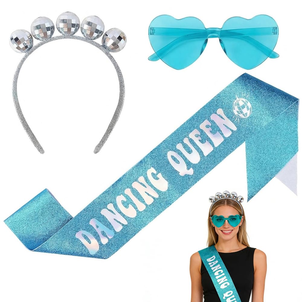 3 Pcs Dancing Queen Disco Party Accessories Set with Glitter Disco Queen Sash, Heart Sunglasses, and Mirror Ball Headband, Retro 70s 80s Fancy Dress for Women, Birthday and Themed Decorations