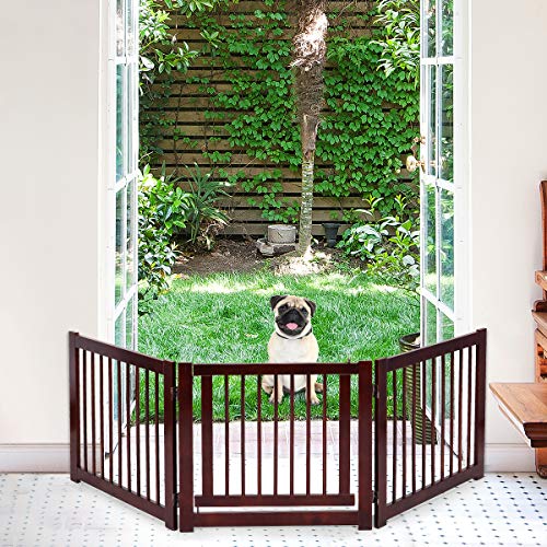 Giantex Freestanding Pet Gate With Door, 24Inch 3 Panels Wooden Dog Gate With Walk Through Door, Foldable Pet Safety Puppy Fence Adjustable Pen For House Doorway Stairs #TOP1