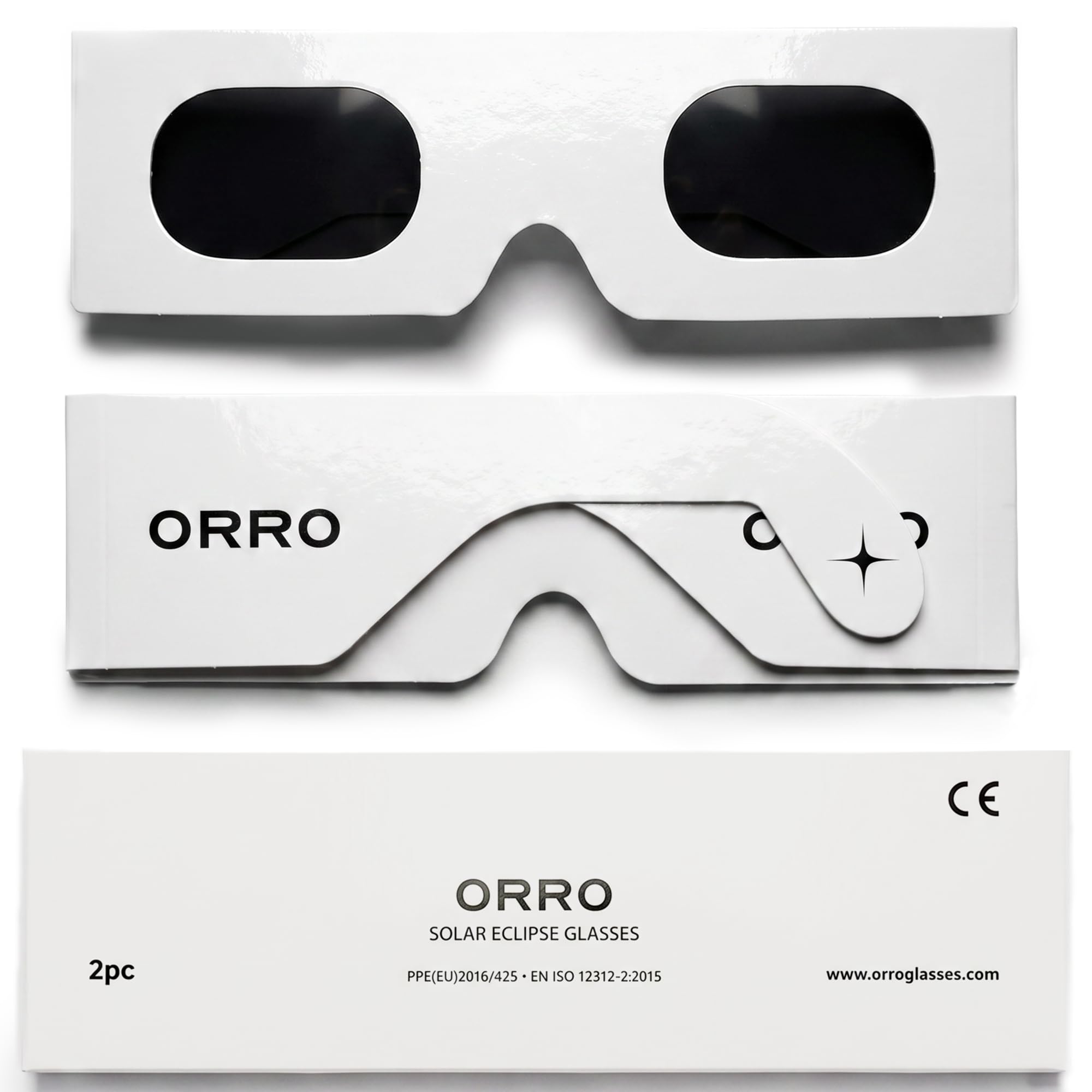 ORRO 45mm Edge Solar Eclipse Glasses 2 Pack, White, Certified Eye Protection, EN ISO 12312-2:2015 Tested, CE Marked for Safe Direct Sun Viewing