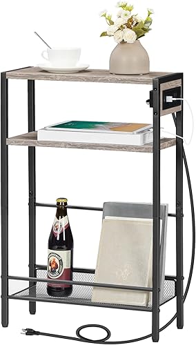 Miniatura 31 de HOOBRO Mesa auxiliar pequeña y estrecha con estación de carga, juego de 2, mesa auxiliar delgada para espacios pequeños, mesita de noche delgada con