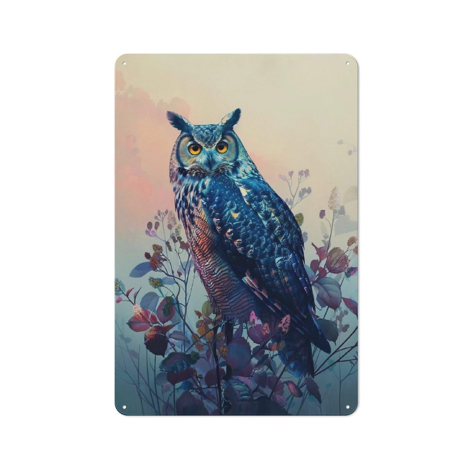 Workshop Style Garage Metal Sign 30x20cm Featuring Blue Owl in Floral Setting, Industrial Wall Art for Garage, Hobby Room, Office Or Man Cave