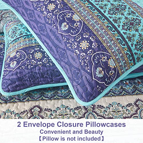 Djy Boho Quilt Set Queen Bohemian Floral Pattern Quilt Coverlet Purple Stripe Boho Quilt With 2 Pillow Shams Soft Micorfiber Boho Lightweight Bedspread For All Season (3 Pieces, 90"X96") #TOP6
