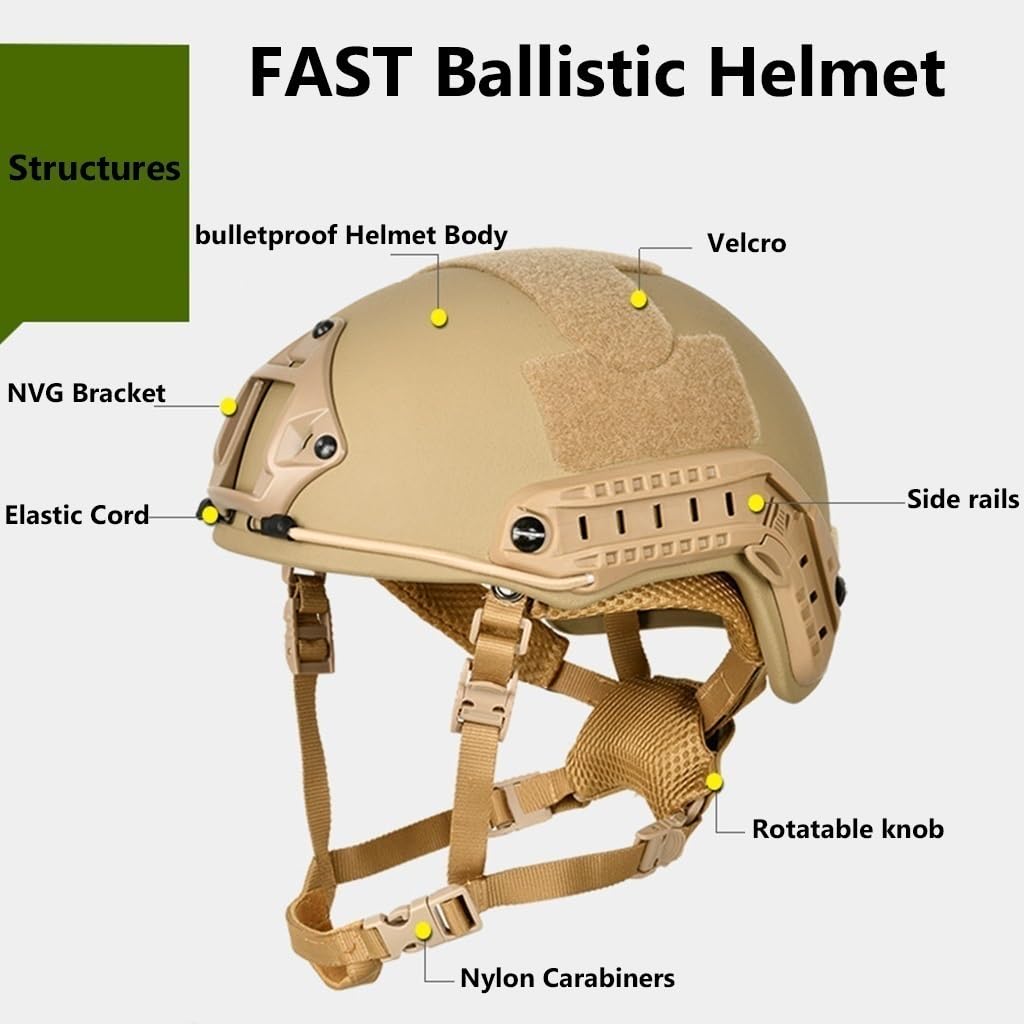 Casque tactique léger NIJ IIIA pour la chasse, casque en polyéthylène réglable de 55 à 62 cm, avec rails et compatibilité casque, 1,5 kg - 3
