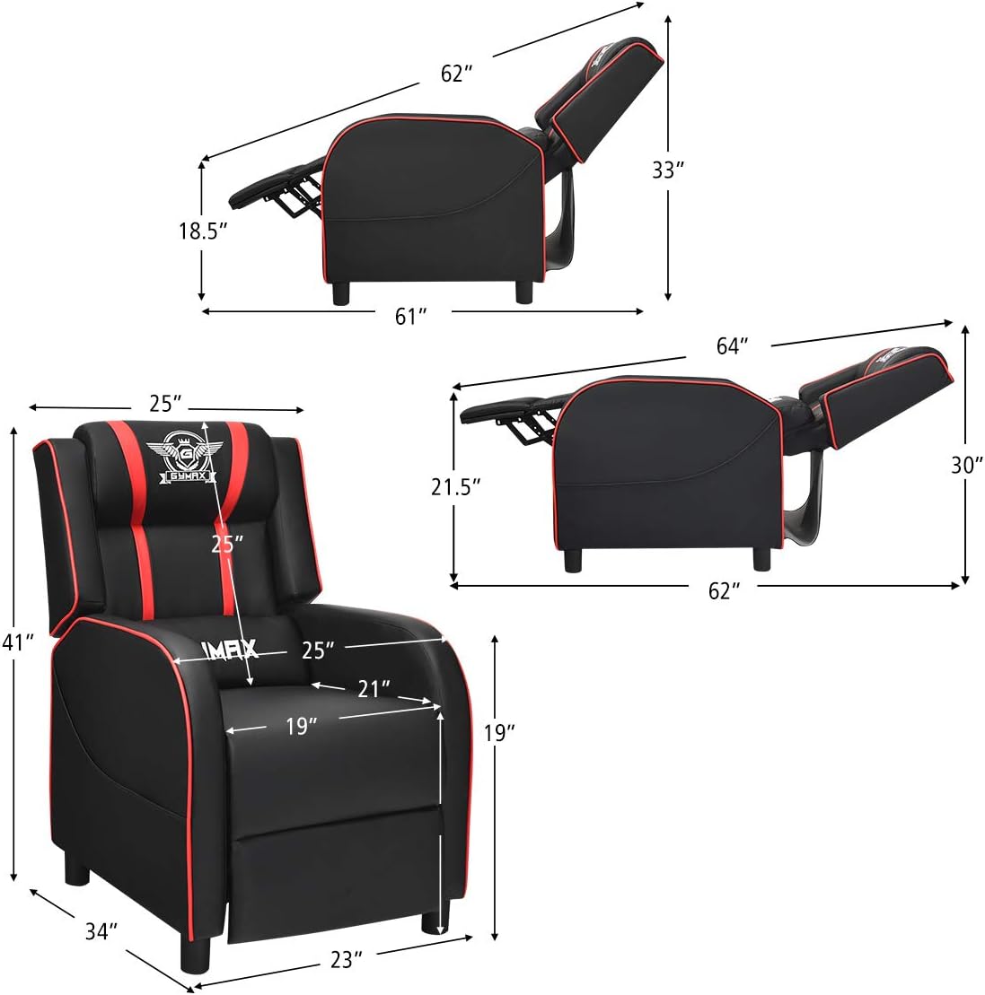 POWERSTONE Gaming Recliner Chair, Reclining Gaming Chairs for Adults Ergonomic Leather Sofa with Footrest Lumbar Support Headrest and Side Pouch for Living Room Home Theater, Red