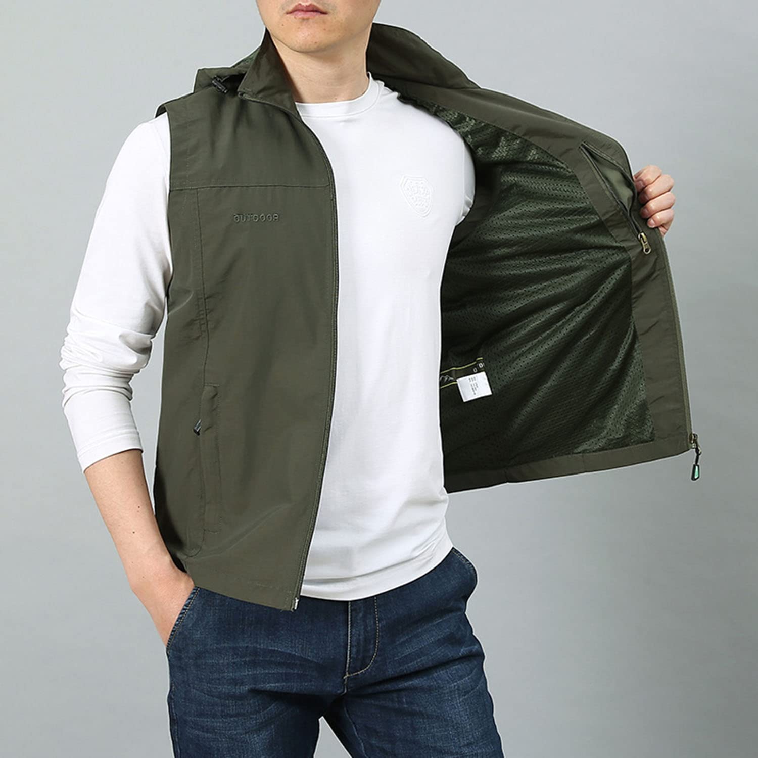Chaleco Multibolsillos para Hombre Chaleco Pesca Casual Al Aire Libre Chaleco Sin Mangas Práctica Fotografía Chaqueta con Capucha A Prueba De Viento