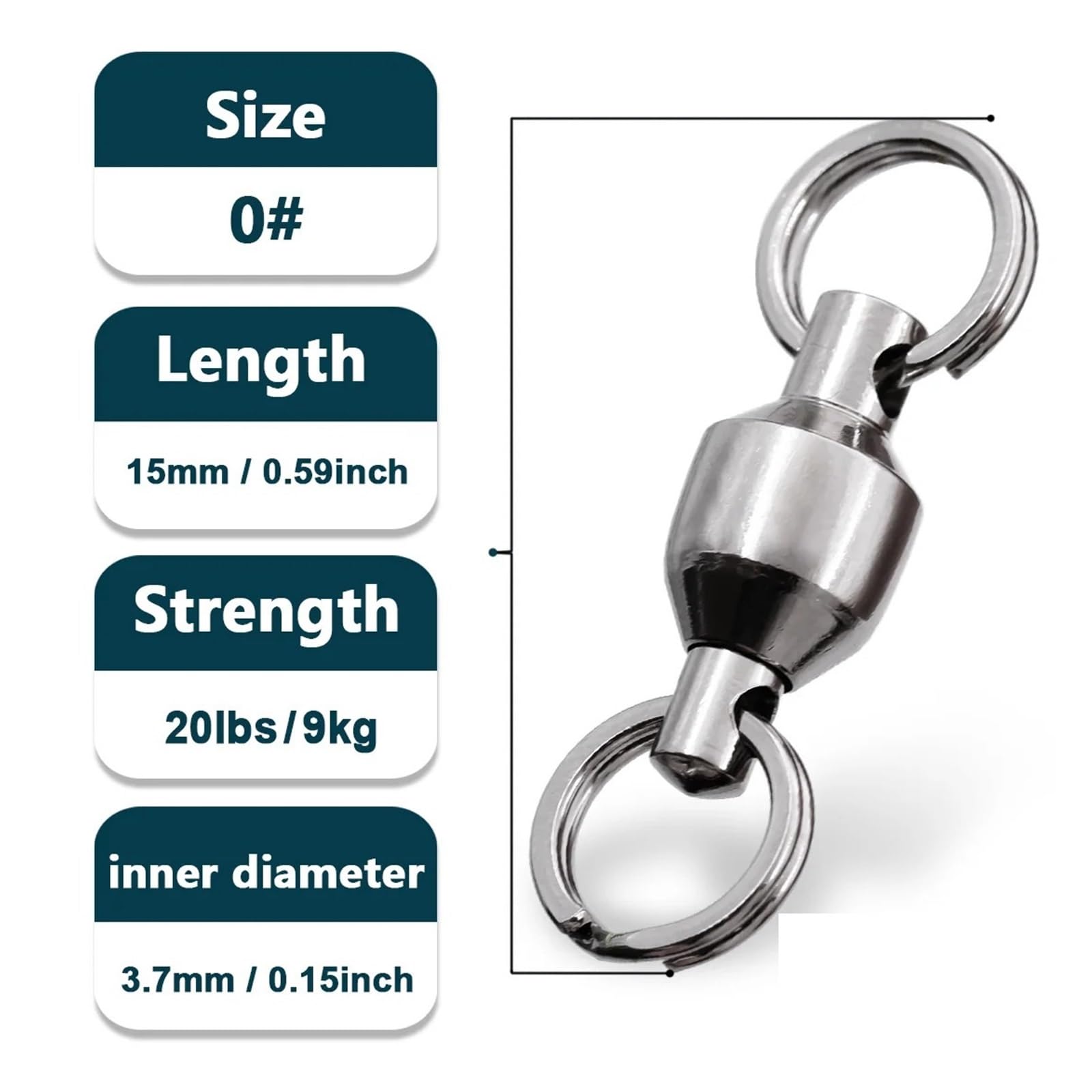 Émerillons de pêche avec Anneaux fendus, 25 à 100 pièces, roulement à Billes, Clips de Vitesse pivotants, connecteur de leurre en Acier Inoxydable, Eau salée 0~10#(Size-0 15mm 9kg,100 Pcs)
