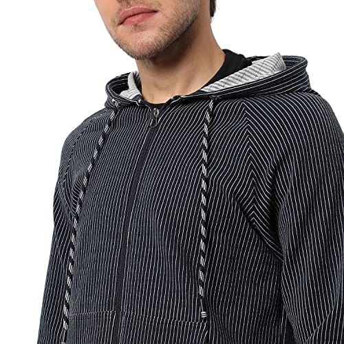 Image of CAHOOT Men's Dark Blue Zip-Front Hoodie with Contrast Drawstring for Casual Wear | Long Sleeve | Hooded Neck | Zipper Closure | Cotton Sweatshirt Crafted with Comfort Fit for Everyday Wear
