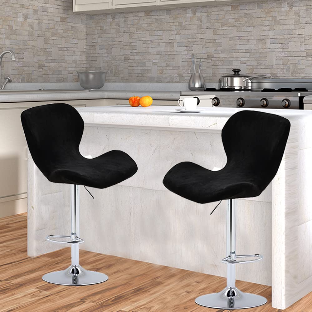 XMNTG Set of 2 Stretch Black Velvet Bar Stool Chair Covers Kitchen Swivel Stools Slipcovers Curved Short Back Chair Covers Chair Protector Covers for Counter Bar Office Pub Kitchen(Black, 2PCS)