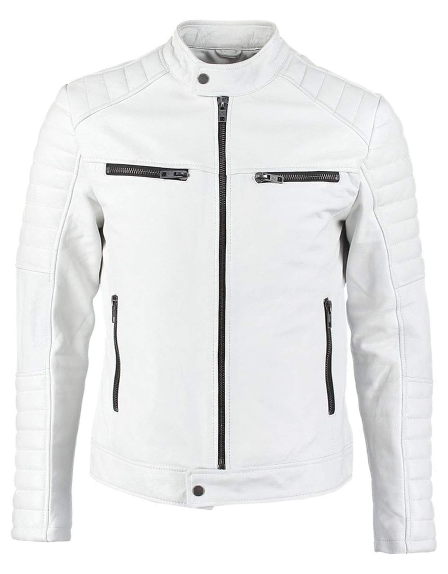 Fashion_first Men's B) Quilted White Real Leather White Leather Jacket Retro Biker Quilted Leather Motorcycle Jacket White Racing Jacket Leather