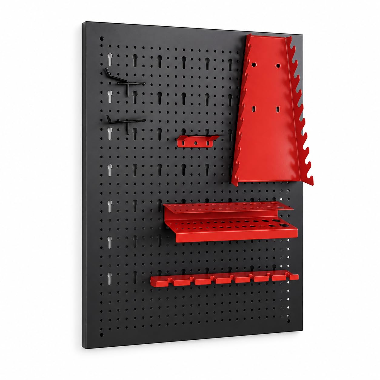 Panel Perforado de Pared para Herramientas – Set de 3 Tableros Metálicos con Accesorios: Ganchos, Soporte para Llaves, Estantes para Brocas, Soporte para Destornilladores y Herrajes de Montaje