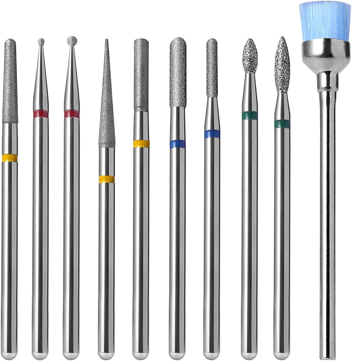 Diamond Nail Drill Bits Set 10Pcs - Safety Cuticle Bit for Beginners, 3/32 Inch E-File Nail Bits for Russian Manicure Prep, Ball Flame Needle Bits for Nail Tech, Gentle Efile Bits for Acrylic Gel Nail