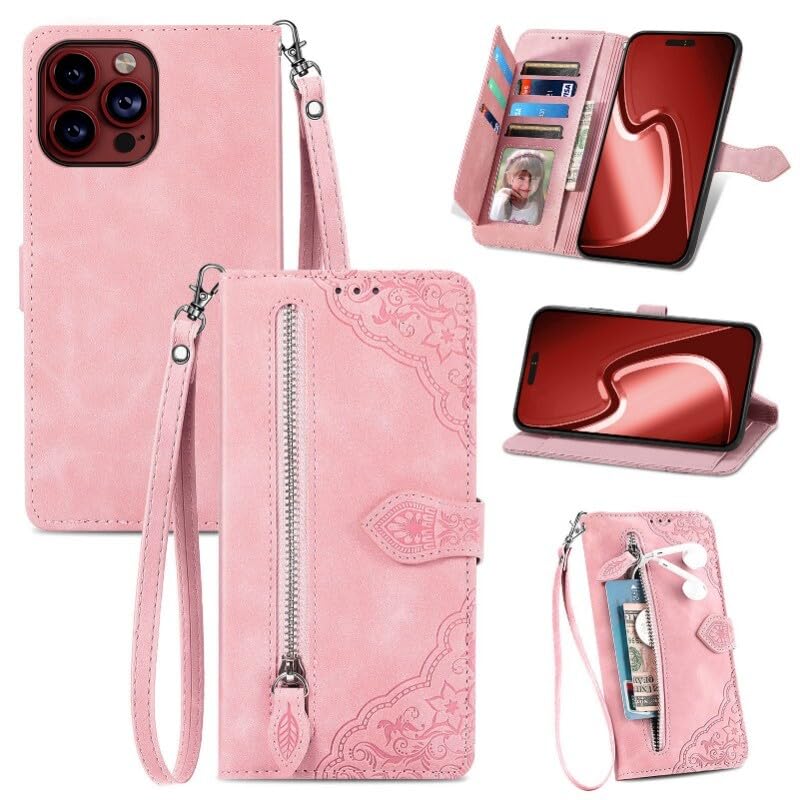 Étui portefeuille iPhone 14 Pro rose anti-perte à fermeture éclair
