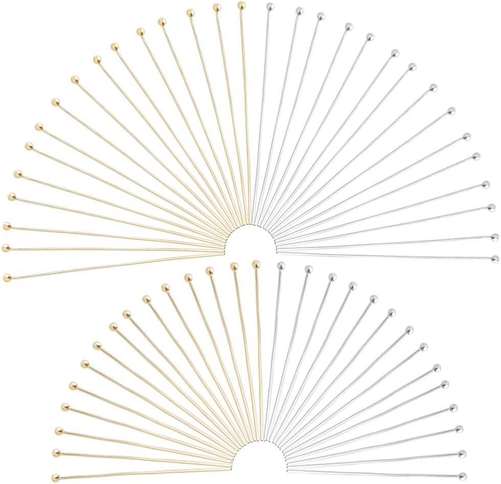 400Pcs Head Pins 4 Styles 24K Gold Plated Stainless Steel Ball Head Pins 40/50mm Bead Headpins Bendable Head Eye Pins Pendant Findings for Earring Bracelet Jewelry Making DIY Craft