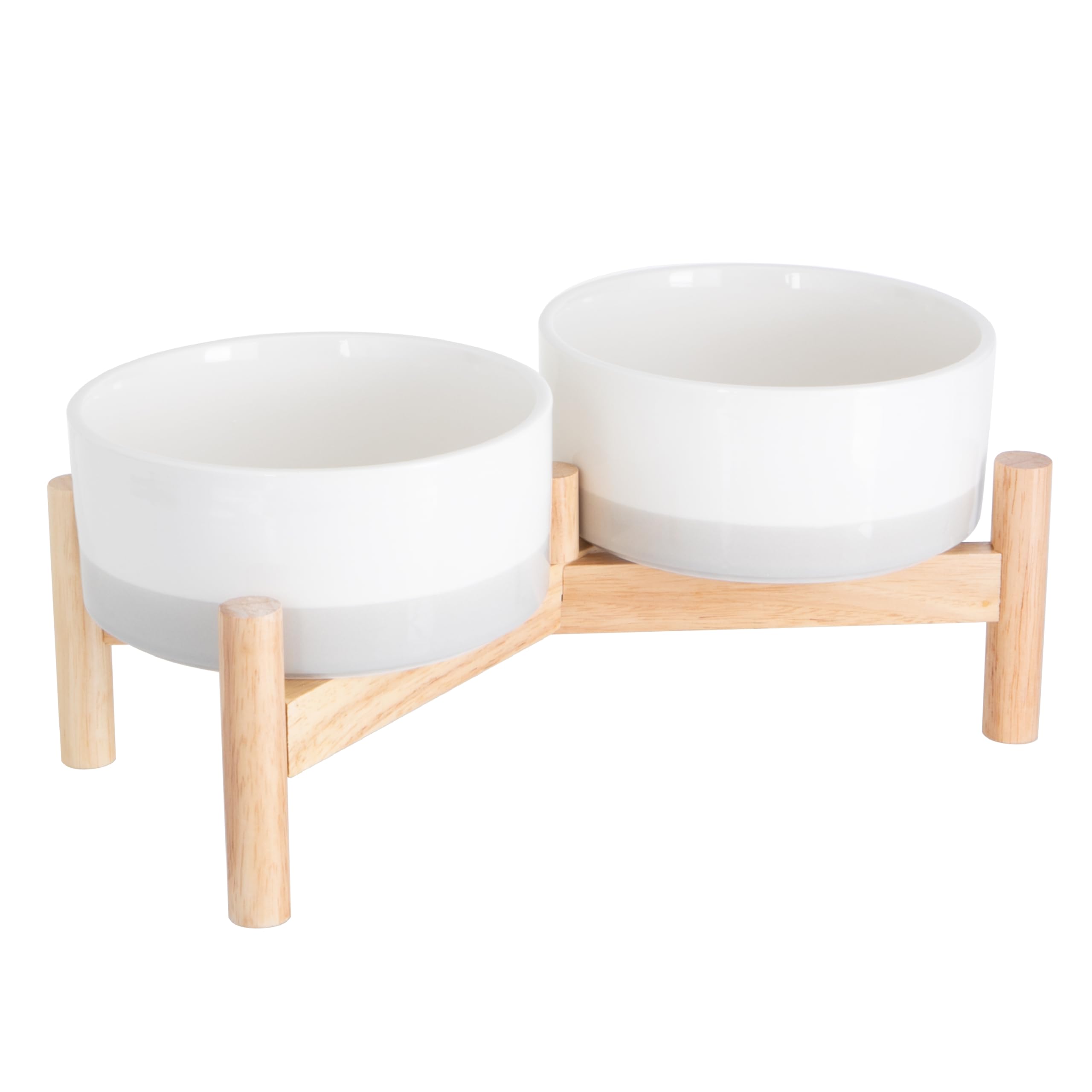 Ilyapa Ceramic Dog Bowls - Elevated for Medium Sized Pet with Raised Food and Water Set - Gray Double 6 inch, 28 Oz Bowls & 13x6.3x5.5 Wooden Stand