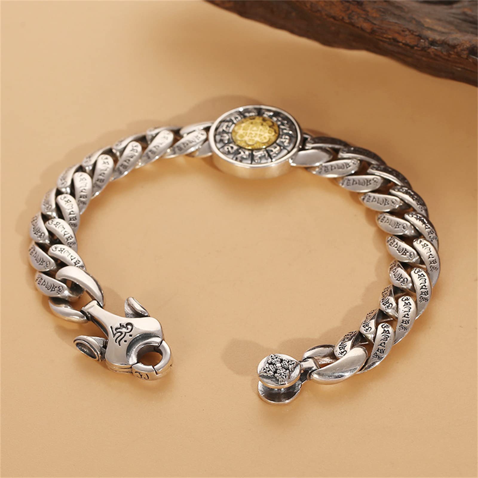 Brazalete del Zodíaco para Hombre Plata Ley S925, Brazalete Gótico Vintage Jiugong Bagua, Plata, 20 cm