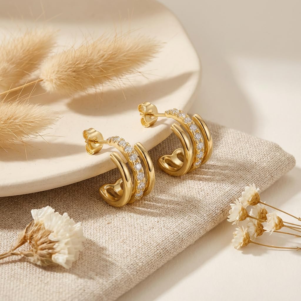 Gold Hoop Earrings for Women 14k Gold Earrings for Women Hoop Stud Earring for Womens Hoops with Spiral Design and Cubic Zirconia Inlay Hoops Earring for Womens