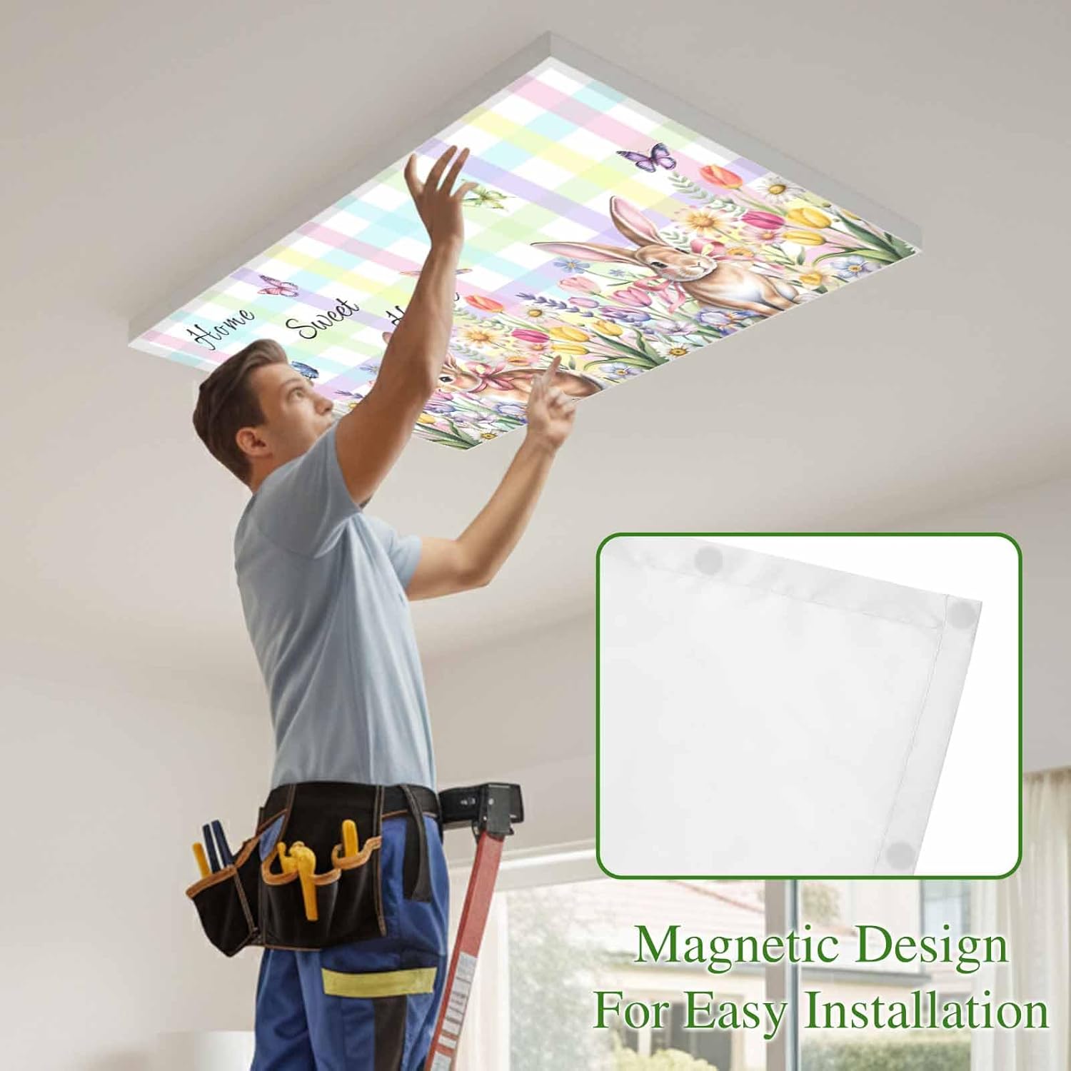 2x4 ft Fluorescent Light Cover for Ceiling Easter Bunny Flowers Butterfly Magnetic Light Filters, Sweet Home Words Ceiling Lampshades for Home School Office 4Pcs