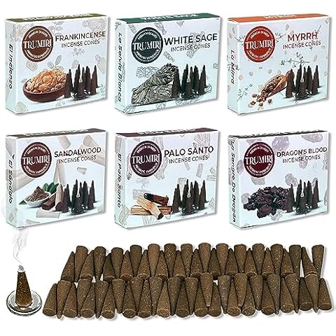 Trumiri Woody Incense Cones - Variety Pack - Total 60 Cone Incense (6 Scents x 10 Conos) - White Sage, Palo Santo, Dragons Blood, Sandalwood - Inscents-Cones Scented - Insense Cones - Incent Cone Cover
