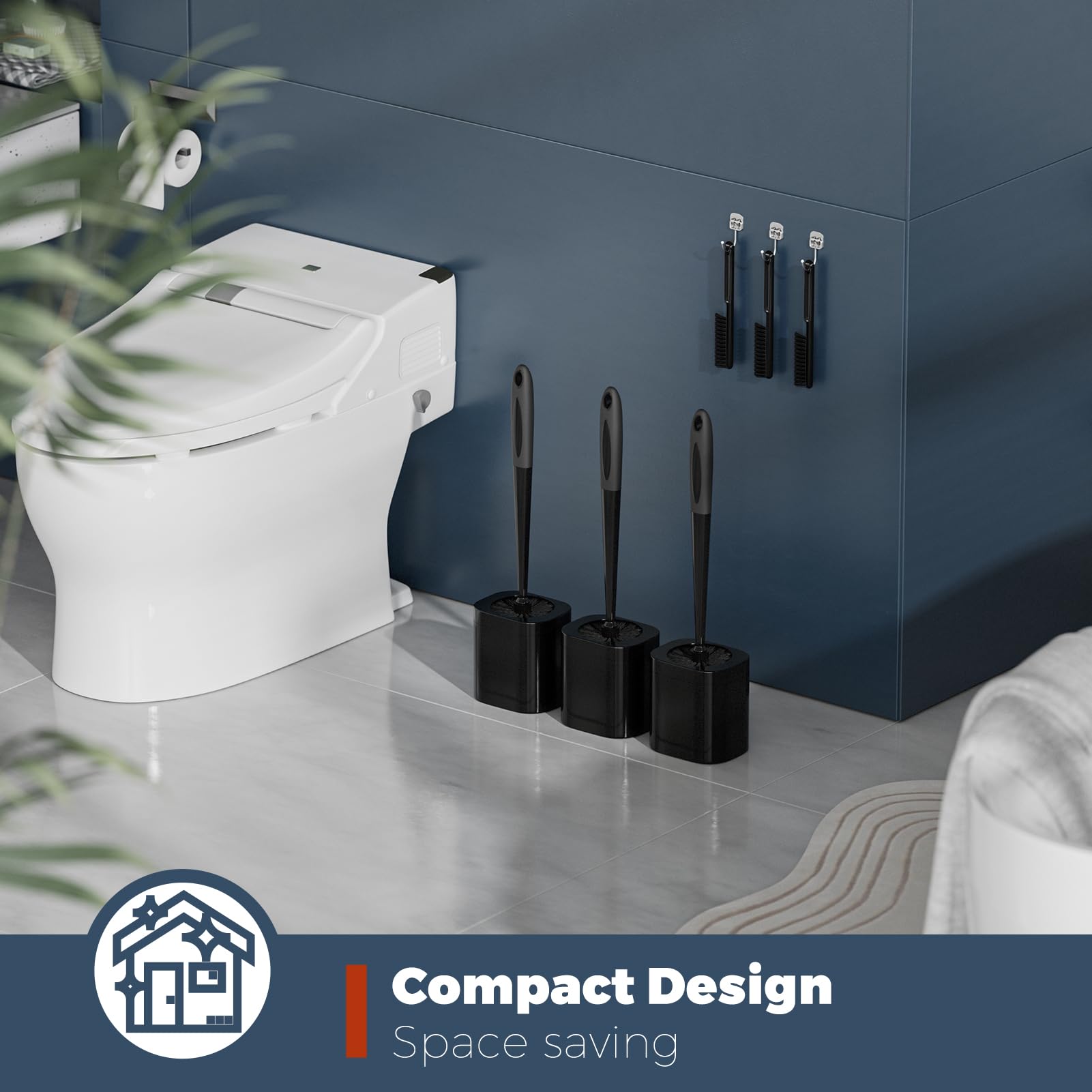 Scopino per WC, confezione da 3 scopino e supporto, accessori da bagno, scopino e supporto con 3 scopino per fessure per bagno, spazzola per WC (nero)