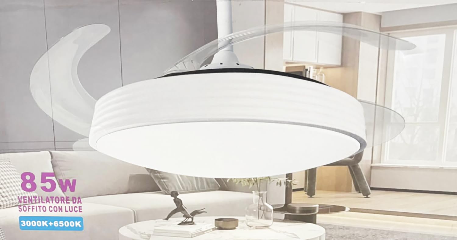 Lampadario Ventilatore da Soffitto CON PALE A SCOMPARSA Ø50 cm, Bianco luce CCT - Caldo/Freddo/Naturale,- in ABS, con 3 Pale, 85W LED (SJ-201)