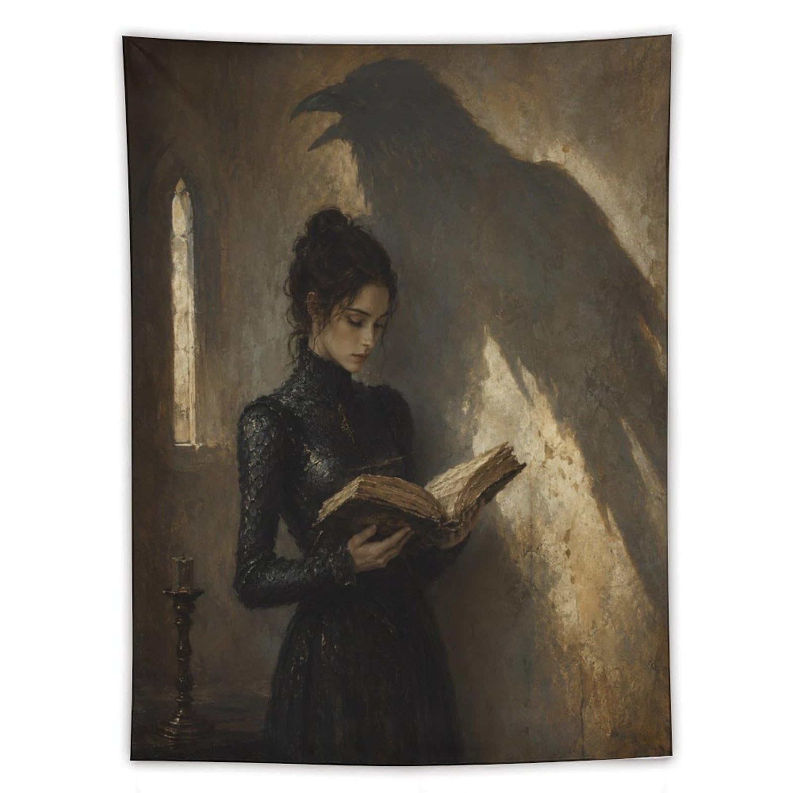 H3B8U2Y5 Woman Reading Raven Shadow Wall Tapestry, Oil Painting Style