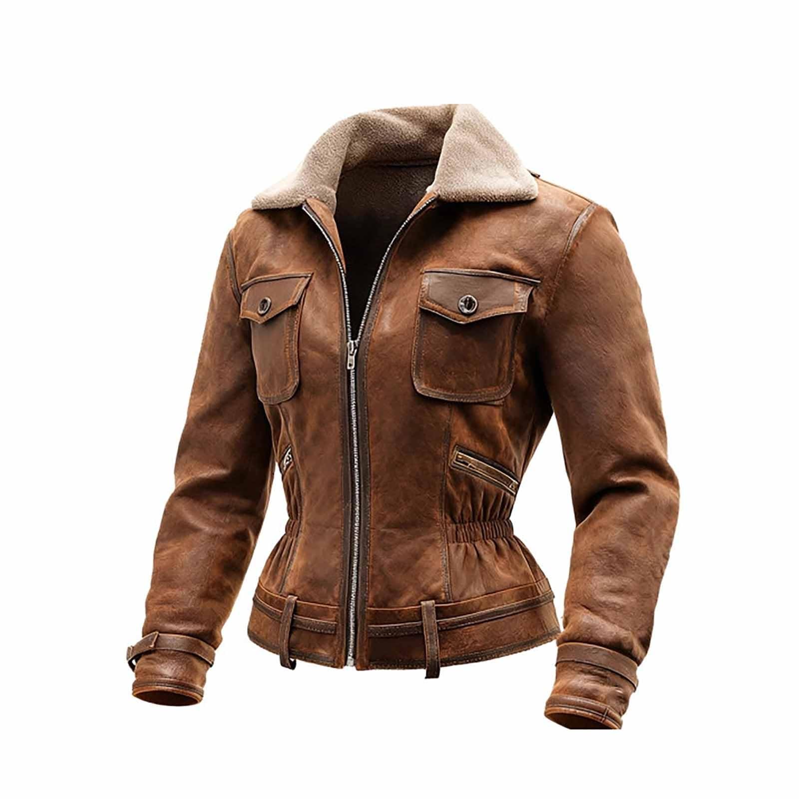 Generisch Giacca in pelle da donna con fodera interna in ecopelle, foderata, calda, vintage, colletto in pelliccia sintetica, cappotto in pile, per motociclisti, risvolti, slim fit, bomber fashion