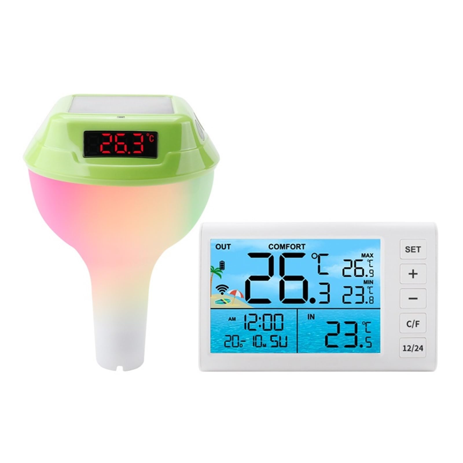Bezprzewodowy Pływający Termometr Basenowy Solarny Termometr Basenowy Cyfrowy Termometr Do Wody LED RGB Ambient Light łAtwy W UżYciu(Green)