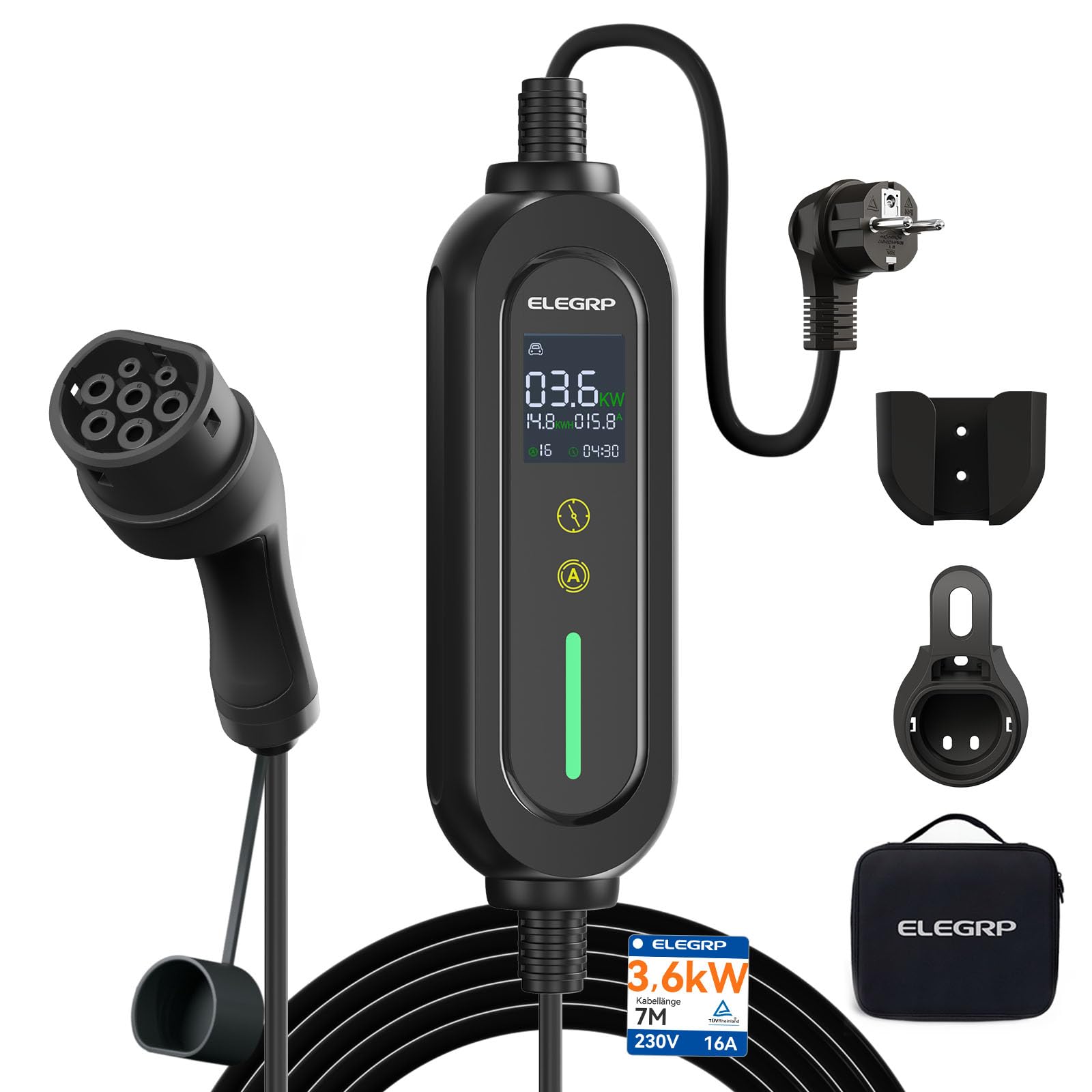 ELEGRP Typ 2 Ladekabel Schuko 7m, 3,68kW (1-phasig, 6-16A einstellbar) – Mobile Ladestation mit verzögertem Ladestart, IP66 wasserdicht, Plug & Play, kompatibel mit EVs & PHEVs (IEC 62196-2)