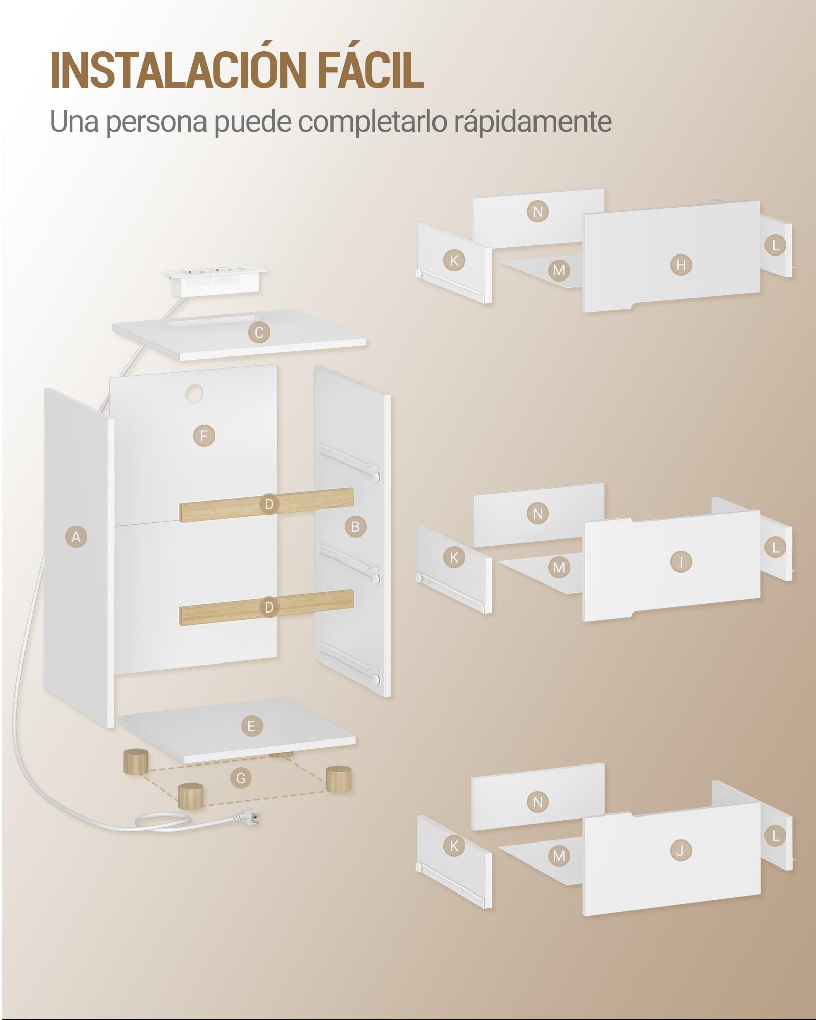 Hzuaneri Juego de 2 Mesilla de Noche, con 3 Cajones, Estación de Carga (2 Tomas AC, 2 Puertos USB), Estilo Minimalista Moderno, para Dormitorio, Salón, 35 x 40 x 65 cm, Blanco NS33403XEU