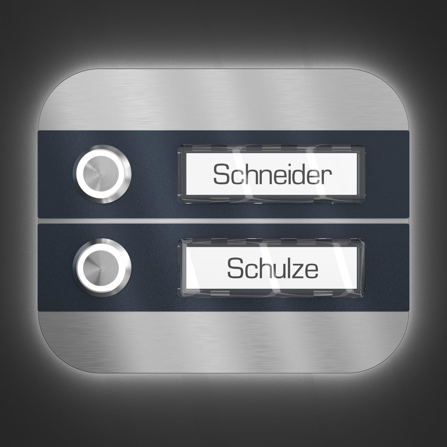 Mehrfamilien Aufputz Türklingel mit LED Taster 2 Namensschilder - V2A Edelstahl Klingel 140x115 mm - Name Beleuchtung wählbar für Haustür Zweifamilienhaus