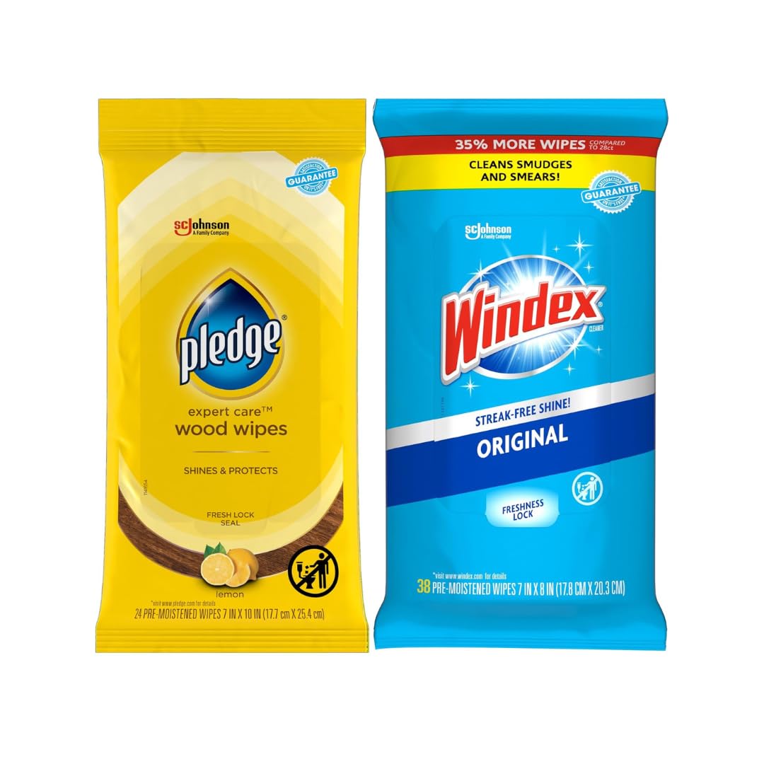 Pledge Expert Care Wood Wipes &amp; Windex Glass Cleaning Wipes Bundle, 24ct Lemon Scent Wood Wipes &amp; 38ct Original Glass Wipes for Surface Cleaning