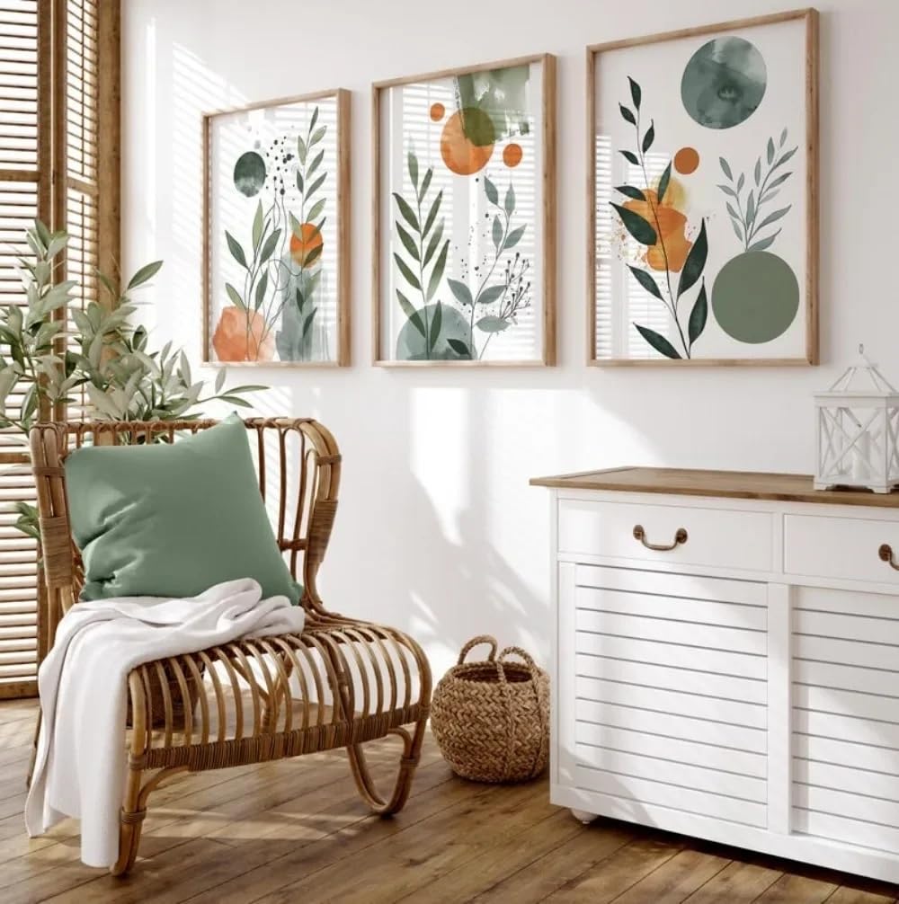 Canvas Prints Botanical Wall Prints,Watercolor Art Nordic Decor Living Room Green Orange Sage(30x50cm-3Pcs)