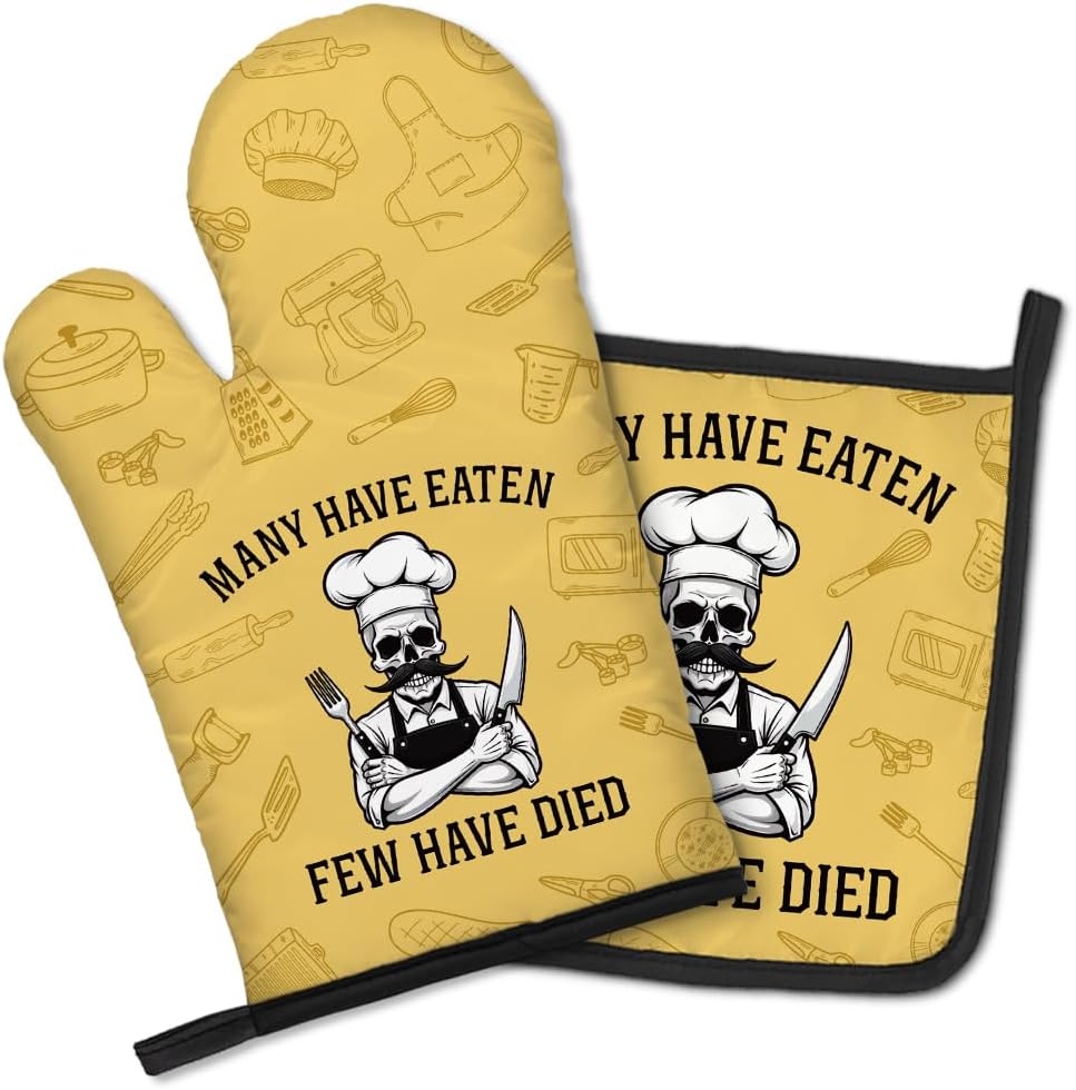 Many Have Eaten Few Have Died Funny Oven Mitts and Pot Holders Set, Protective Kitchen Mitts for Chefs, Cooking Tools for Men Chefs, Housewarming Gifts for Male Hosts Dad Uncle Brother
