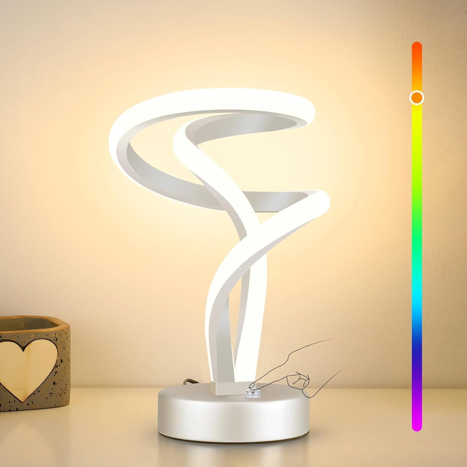 Modern Table Lamp, LED Touch Dimmable Spiral Bedside Table Lamp, 10W RGB Nightstand Lamp with 7 Colors 10 Light Modes, Cool Silver Night Lamp for Bedroom Living Room