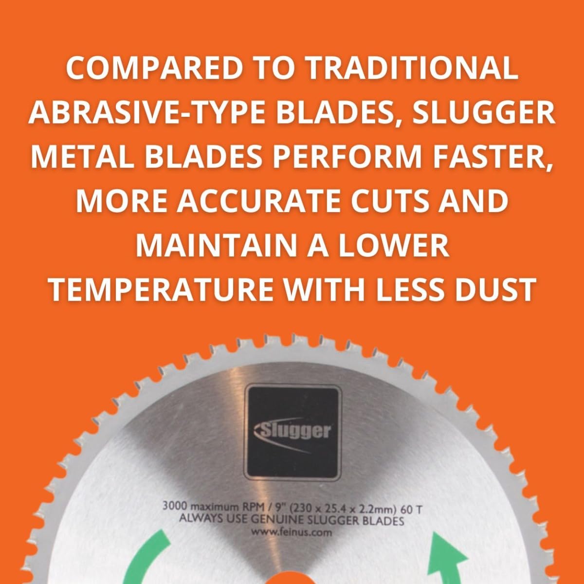 Slugger by Fein Aluminum Cutting Saw Blade - Fast and Accurate Cuts up to 5/8" in Stainless Steel, Mild & Thin Metals, 9" Diameter, 60 Teeth - 63502009550