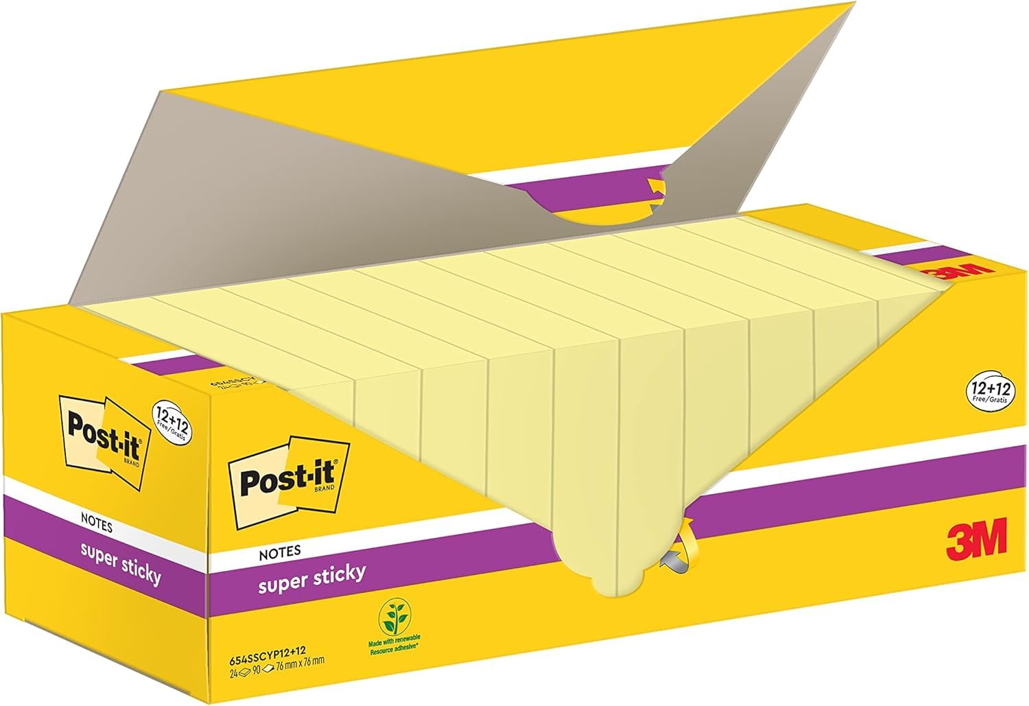 Post-it Super Sticky Notes, 2160 Sheets, Value Pack of 12 + 12 Free Pads, 76 mm x 76 mm, Canary Yellow - Holds Strong to Many Surfaces - for Walls, Monitors and Fridge, Recycable