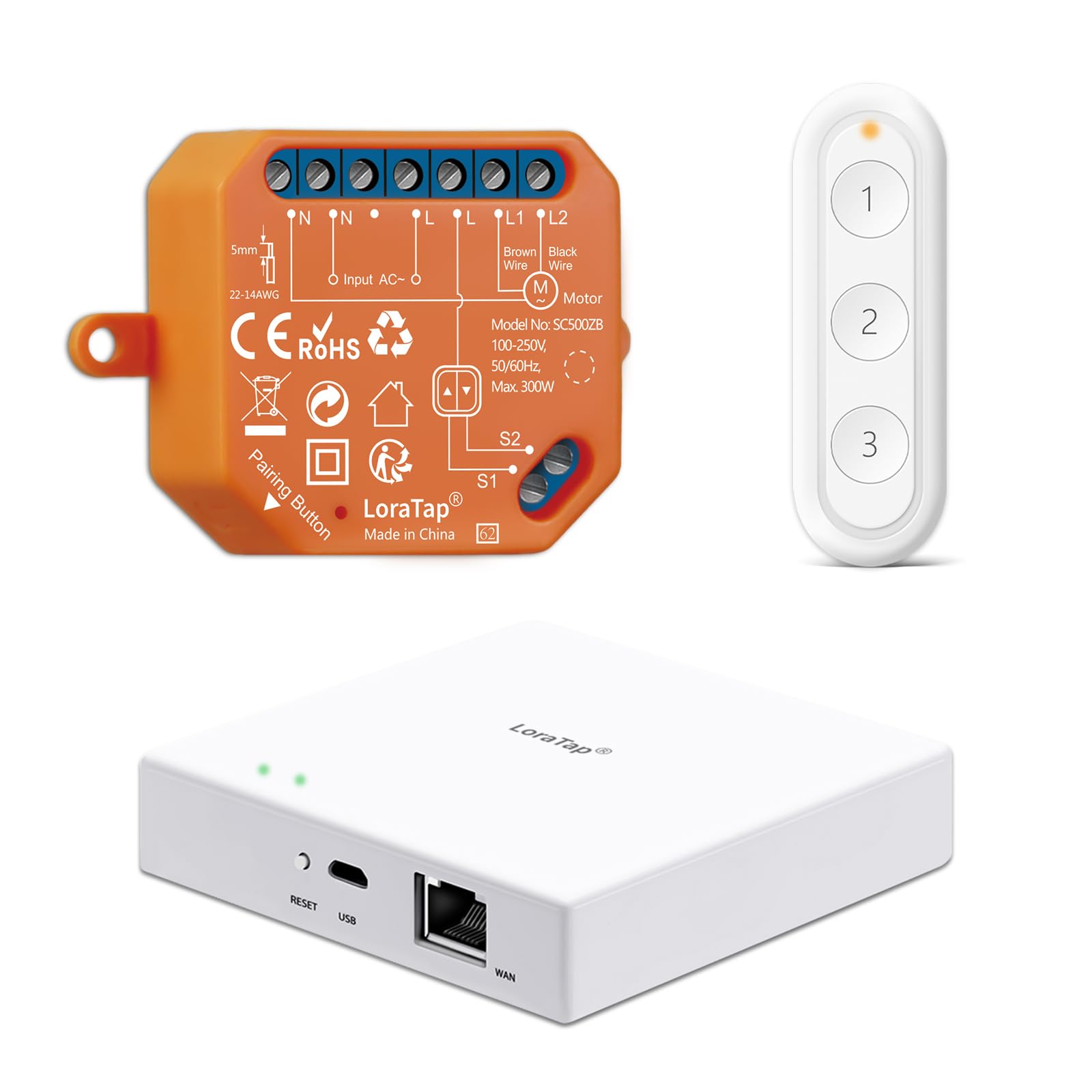 LoraTap ZigBee Roller Shutter Module Kit components: orange module, white remote, white gateway.